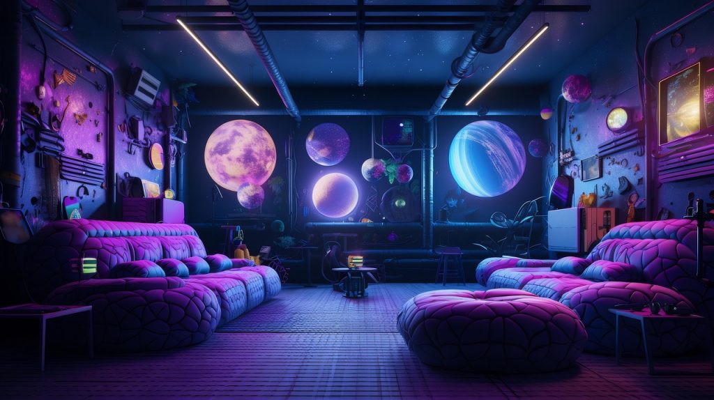 futuristic home, large purple planets, purple sofas, concept art, neon grids, eclectic, anime aesthetic, playful atmosphere, futuristic, conceptual, vibrant, colorful, imaginative, eclectic design, anime-inspired, conceptual art, playful, high-tech, futuristic home design, decorative, design, captivating, futuristic, futuristic, futuristic, futuristic, futuristic